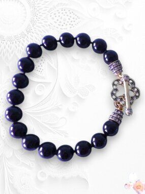 Heidi Daus Navy Faux Pearl Bracelet Crystal Toggle Designer Silver/Gold Tone